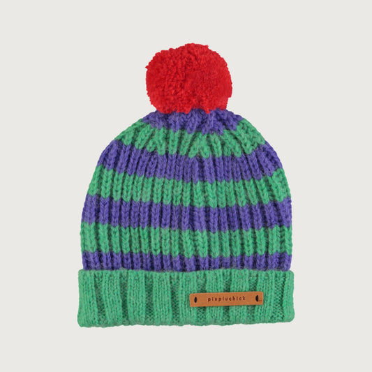 Piupiuchick knitted hat with pompon GREEN AND PURPLE STRIPES