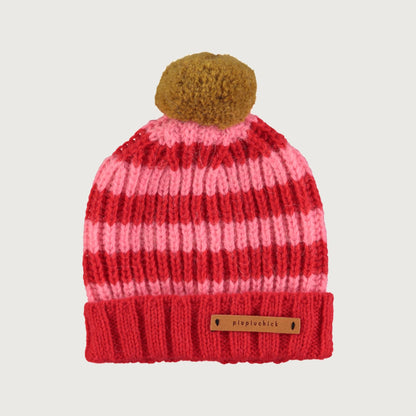 Piupiuchick knitted hat with pompon RED AND PINK STRIPES