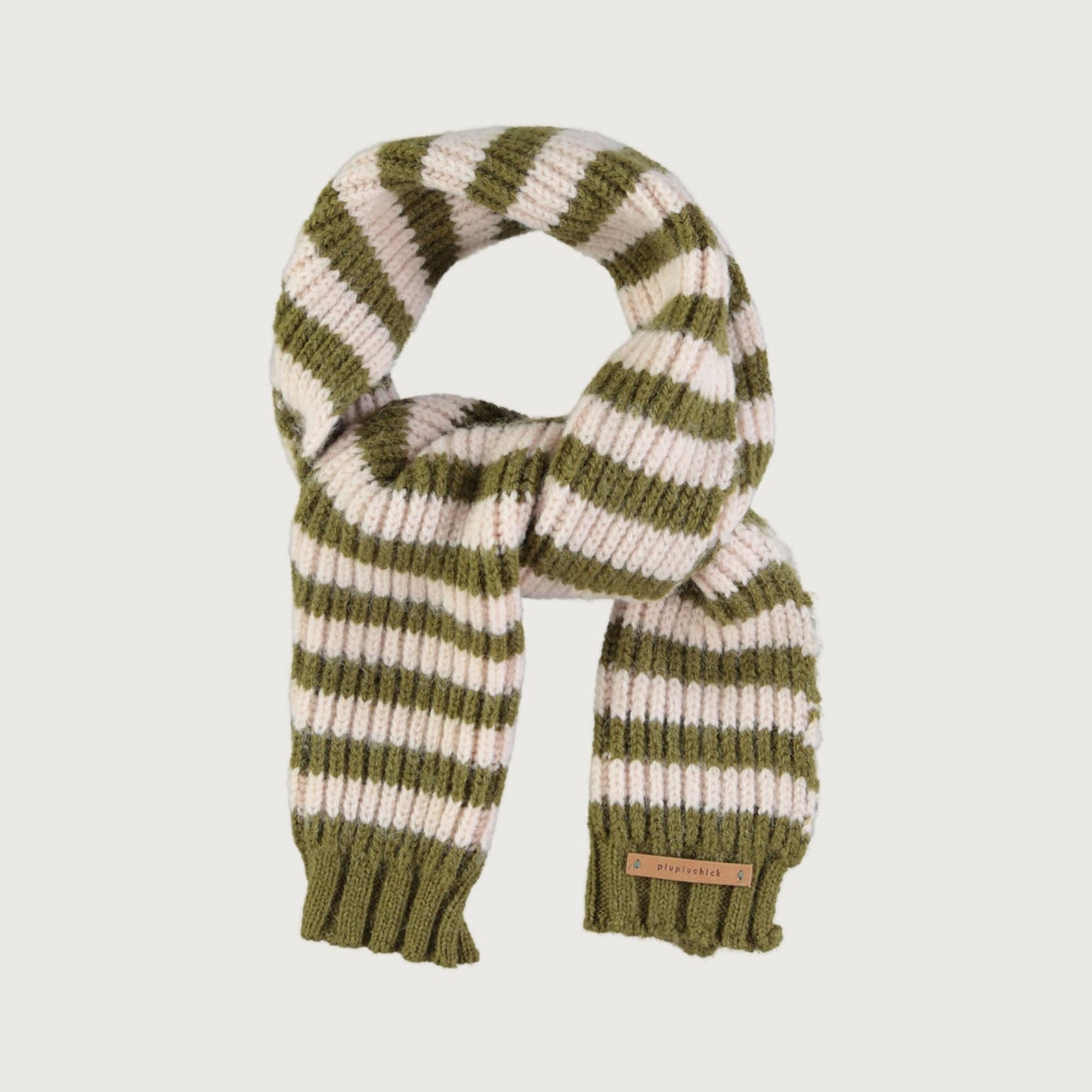 Piupiuchick Knitted scarf green and ecru stripes