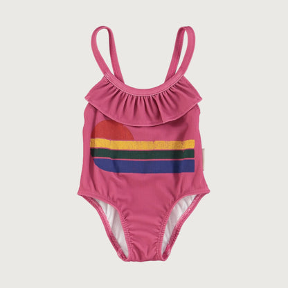 Piupiuchick swimsuit with ruffles aubergine with MULTICOLOR WAVE print