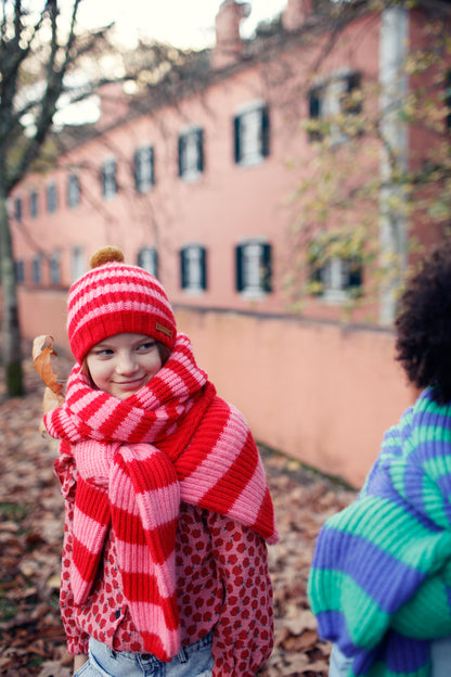 Piupiuchick knitted hat with pompon RED AND PINK STRIPES